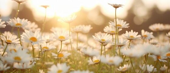 daisies in bloom at sunset - obrazy, fototapety, plakaty