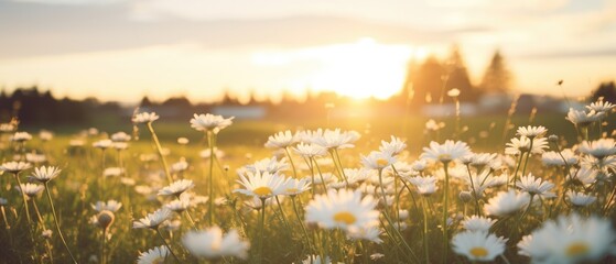 daisies in bloom at sunset