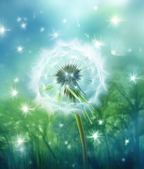 dandelion in front of an autumn green background,