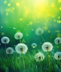 dandelion in front of an autumn green background,