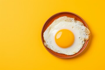 Delicious fried egg with golden yolk, isolated on vibrant yellow background   top view composition