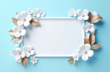 Naklejka na ściany i meble flowers leaves and white frame on the blue background,