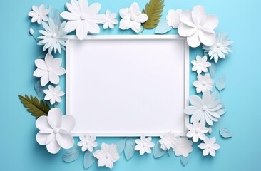 flowers leaves and white frame on the blue background,