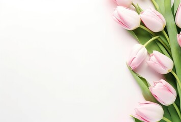 flowers of tulips and aspidistra on white background with copy space - obrazy, fototapety, plakaty