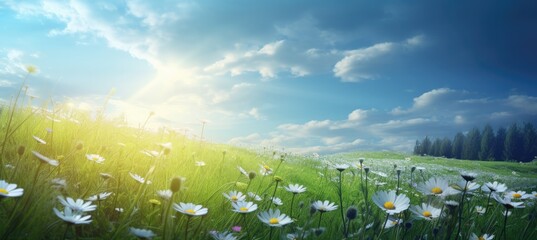 flowers on a grassy field and sun,