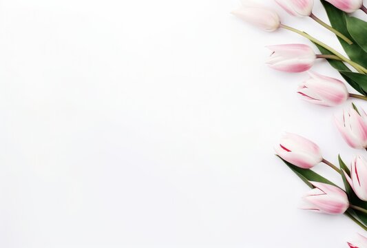 flowers of tulips and aspidistra on white background with copy space
