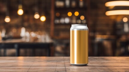 gold beer can with blank front, realistic on a mockup template in a table in a irish pub, - obrazy, fototapety, plakaty