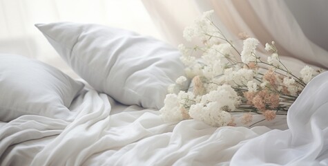 Fototapeta premium image of a bed with white blankets,