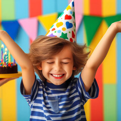 Happy little boy celebrates his birthday wearing a cap on a colorful background. ai generative