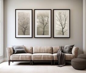 living room with three black frames with white frames,
