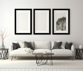 living room with three black frames with white frames,