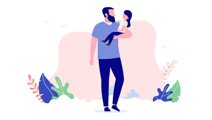 Father holding daughter in arms - Parent with child outdoors in generic location. Fatherhood and parenting concept in flat design vector illustration with white background