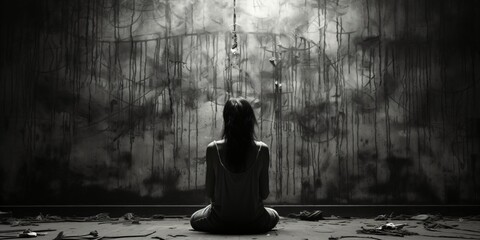 a sad woman sitting on old wooden floor in a sparse room with worn walls - obrazy, fototapety, plakaty