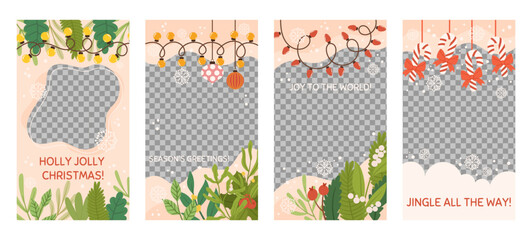 Social media christmas stories template with copy space and transparent space for photo. Vertical banner decorated with spruce plants branches, tree toys, light garland, candy cane and red bow - obrazy, fototapety, plakaty