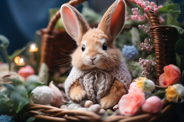 handmade knitted stuffed toy cute rabbit for Easter in spring - obrazy, fototapety, plakaty