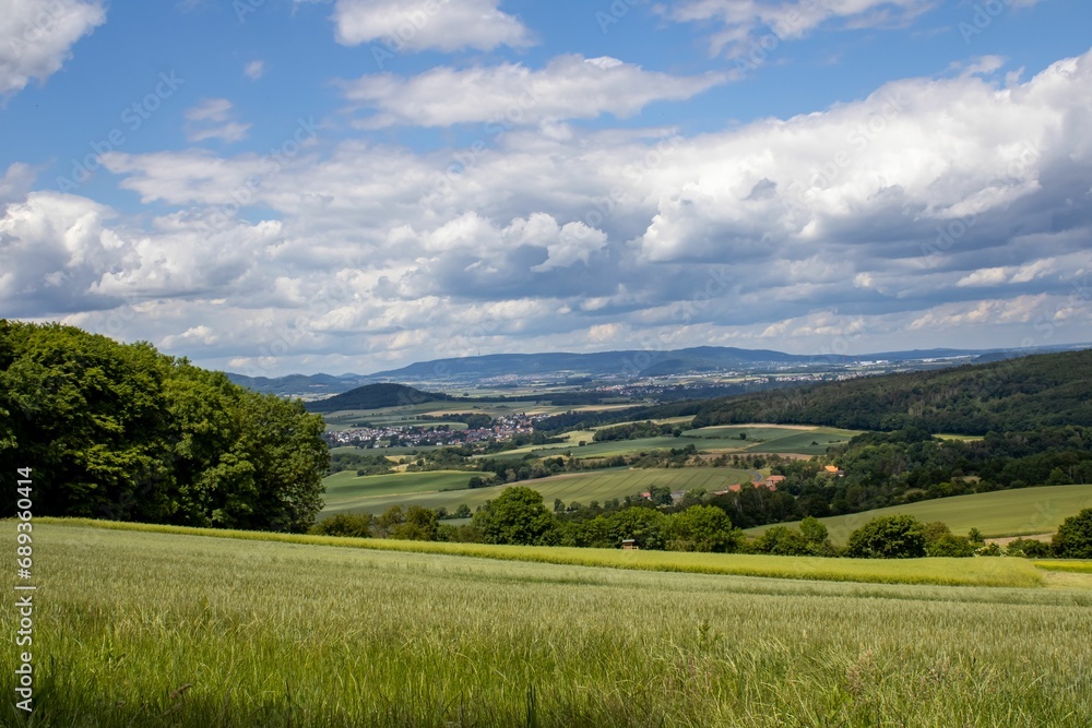 Wall mural Breathtaking landscape featuring a scenic open plain surrounded by lush green hills in the distance