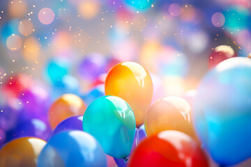 Fototapeta na wymiar Wallpaper with bright colored party balloons on colorful background with bokeh.