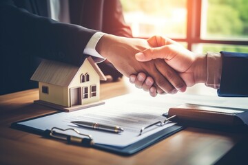 Fototapeta premium Real estate agents and clients are negotiating prices before signing and discussing home purchases, insurance or real estate loans