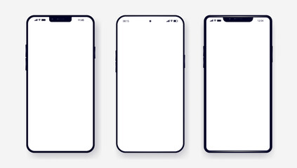 Vector mobile phone mockups - Collection of various unbranded fictional smartphones with blank empty screen, flat lay with shadow and light grey background - obrazy, fototapety, plakaty