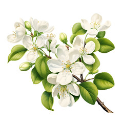 Apple tree flowers, leaves and buds isolated transparent background