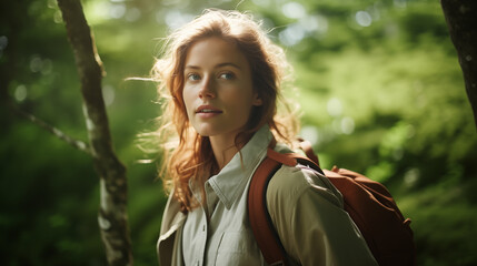 Fototapeta premium A female traveler walks through the woods. Beautiful wild nature landscape in forest. Hiking journey on tourist trail. Outdoor adventure. Travel and exploration. Healthy lifestyle. Generated AI