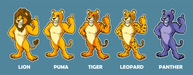 Foto op Plexiglas lion puma lioness tiger panther leopard cartoon mascot set © mollicart