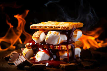 Appetizing s'mores with cookies, marshmallows and melted chocolate flowing down, against the backdrop of fire from the bonfire. - obrazy, fototapety, plakaty
