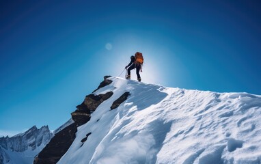 Naklejka na ściany i meble A climber reaching the peak of a snow-covered mountain at a sunny day