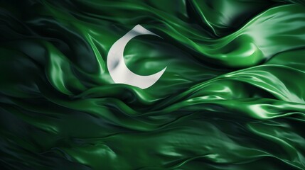 Close-up of a Pakistani flag fluttering energetically for Independence Day.