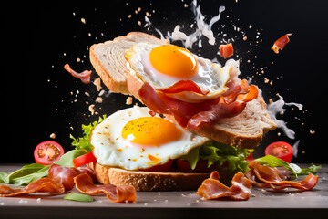 Fried eggs in zero gravity with toasted bread and flying bacon and drops of butter circling around. Concept on the theme of a protein-rich breakfast. - obrazy, fototapety, plakaty