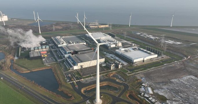 Aerial drone view of data center infrastructure. Eemshaven, The Netherlands.