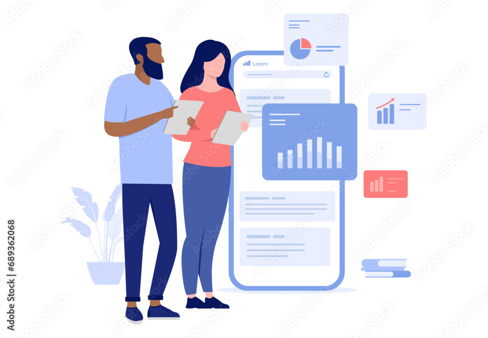 Poster people looking at business chart - man and woman working and analysing graphs, diagram and abstract 