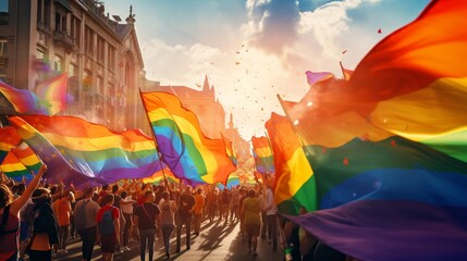 Countless participants marching with rainbow flags during a Pride Parade.