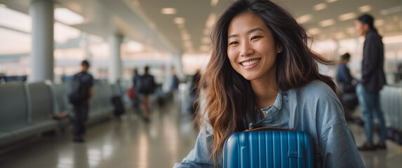 portrait of happy smiling young woman waiting for plane boarding, cheerful tourist at airport, travel lifestyle concept, space for text

