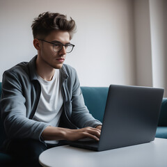 An attractive young man wearing glasses works on a laptop while sitting on the couch in his home, freelancing