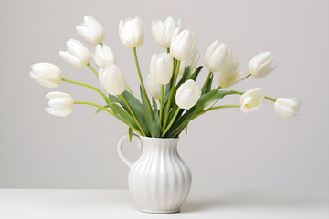 Bouquet of white tulips in a vase on a white background. Postcard for Valentine's Day or March 8, Birthday, Anniversary, Wedding