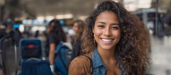 Fotobehang portrait of happy smiling young woman taking selfie photo with smart mobile phone boarding airplane, cheerful tourist at airport, travel lifestyle concept ,going on summer vacation, space for text  © anandart