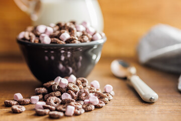 Sweet breakfast cereals in bowl on kitchen table.