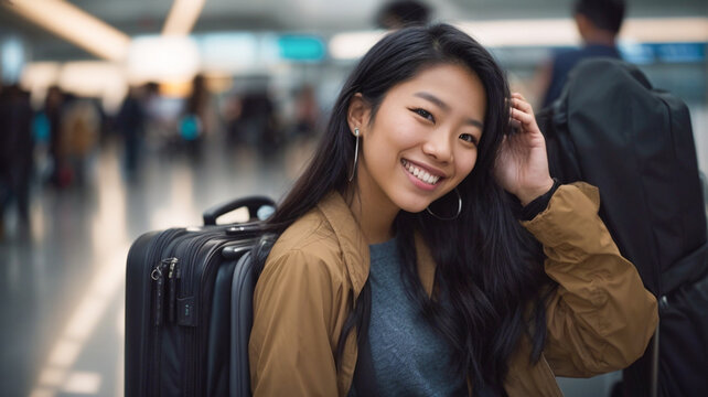 portrait of happy smiling young woman taking selfie photo with smart mobile phone boarding airplane, cheerful tourist at airport, travel lifestyle concept going on summer vacation, space for text

