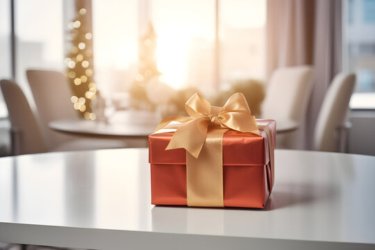 Wrapped red gift box on table, minimalistic setting, unfocused background. Ai generated image