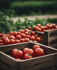 organic fresh tomatoes picked from the field in a wooden crate
