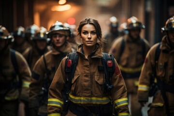 Fototapeta premium a woman wearing a firefighter uniform walking with other people