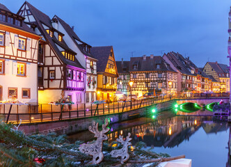Traditional half-timbered houses in old town of Colmar at Christmas time, Alsace, France