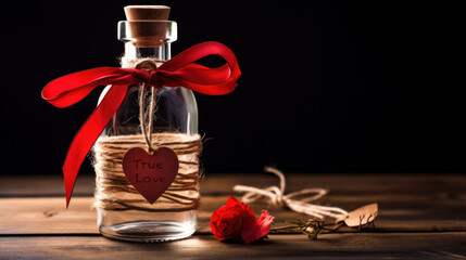A glass bottle with a heartfelt message, adorned with a red ribbon, stands against a dark background, a token of deep affection and timeless love.

