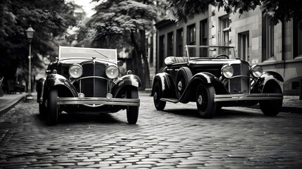 Elegant 1930s roadsters on a cobblestone street black and white photography style --ar 16:9 --v 5.2 --style raw - obrazy, fototapety, plakaty