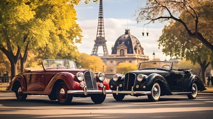 Zelfklevend Fotobehang Elegant vintage cabriolets in a Parisian setting Eiffel Tower in the background --ar 16:9 --v 5.2 --style raw © Lisa