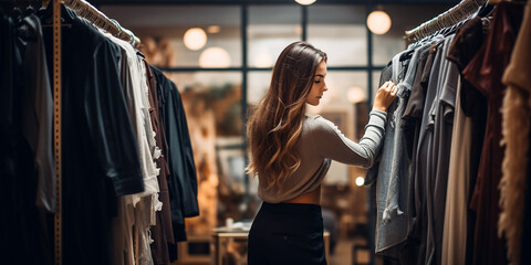 Woman choosing clothes in fashion store - Powered by Adobe