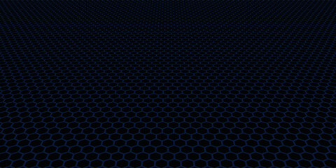 Dark grey abstract wide horizontal banner with hexagon carbon fiber grid and orange luminous lines. - obrazy, fototapety, plakaty