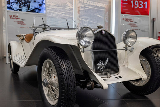 Arese, Italy - jul 1 2022 :Alfa Romeo 6C 1750 Gran Sport 1930 car pictured in the factory museum (Italian: Museo Storico)