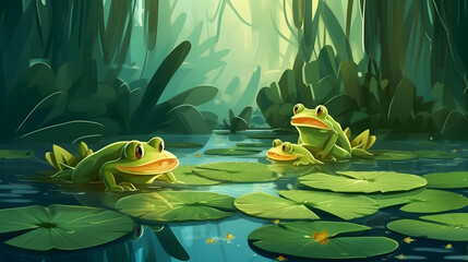 Frogs croaking on a forest pond lily pads serene atmosphere --ar 16:9 --v 5.2 --style raw